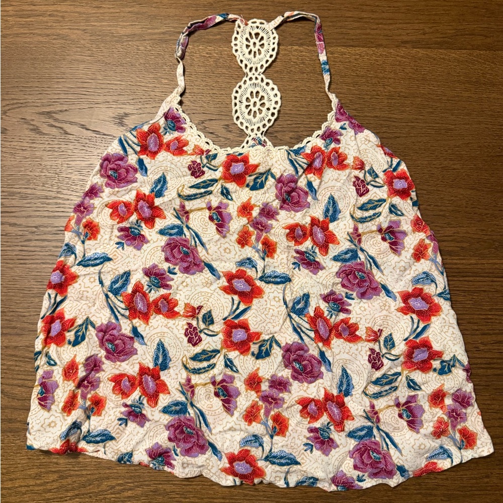 Hollister Cream Halter Tank with Red & Purple Floral Design and Lace Racerback